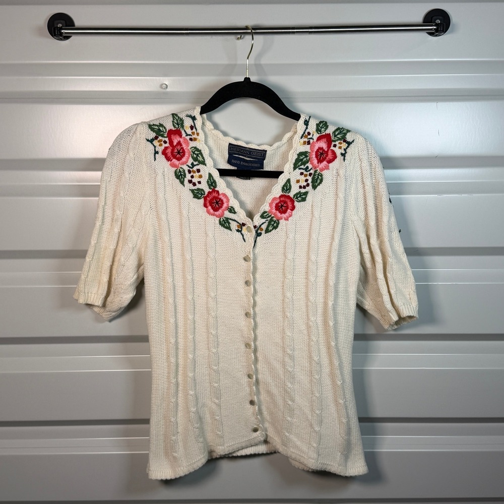 Herman Geist Cardigan Women Small White‎ Excellent Hand Embroidered Cable Knit